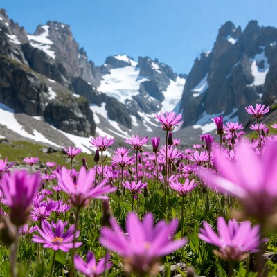 Flowers bloom in mountain valley