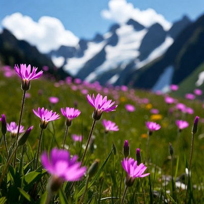 Flowers in mountain valley landscape