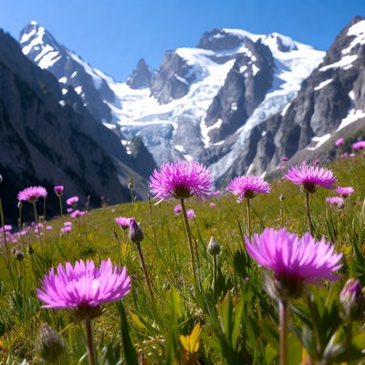 Flowers bloom in mountain valley scene