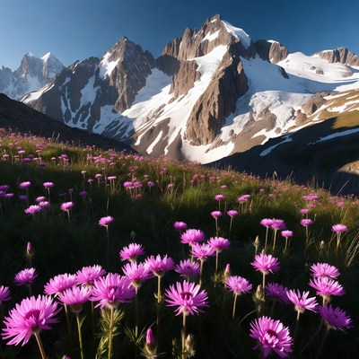 Flowers bloom near snow-capped mountains
