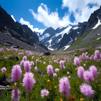 Mountains filled with pink flowers