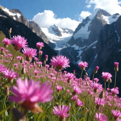 Mountain flowers in bloom under blue sky