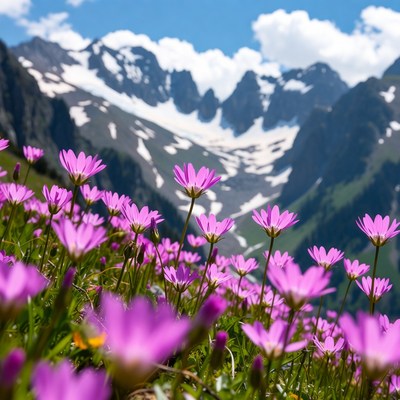 Mountains and pink flowers in spring