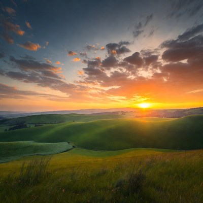 Sunset over rolling green hills
