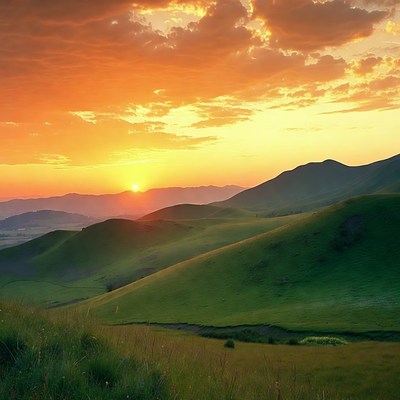 Sunrise over green hills in nature
