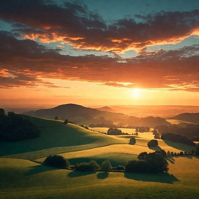 Sunset over rolling hills and fields