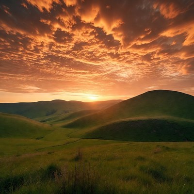 Beautiful sunset over green hills
