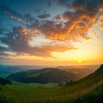 Sunrise over rolling hills and valley