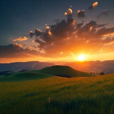 Sunset over green hills at dusk