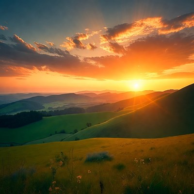 Sunset over rolling hills in summer