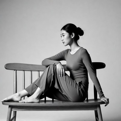Model posing on wooden bench