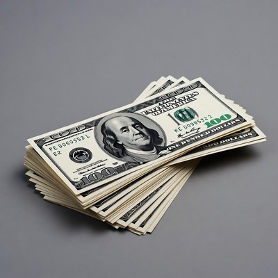 Stack of hundred dollar bills on gray surface