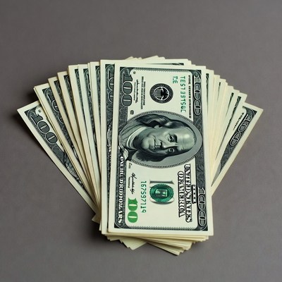 Stacks of hundred dollar bills on gray background