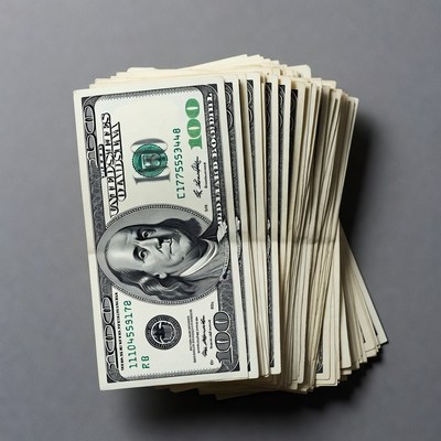 Stack of hundred dollar bills on table