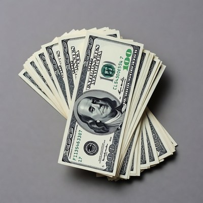 Stack of hundred dollar bills on table