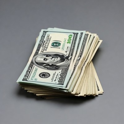 Stack of hundred dollar bills on gray surface