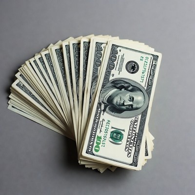 Stack of hundred dollar bills on gray background