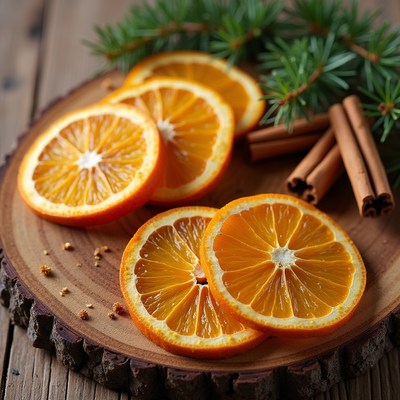 Sliced oranges on wooden plate
