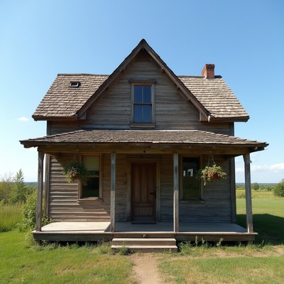 Wooden house in open field setting
