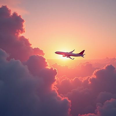 Airplane flying through sunset clouds