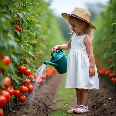 Child waters tomato plants in garden