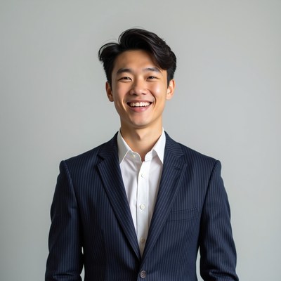 Young man in suit smiling indoors