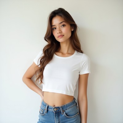 Woman poses in white shirt