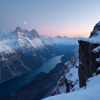 Snowy mountain landscape at twilight