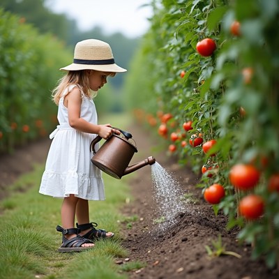 Child waters tomatoes in garden