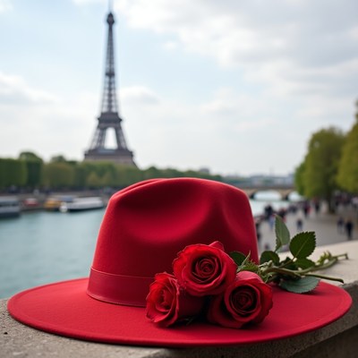 Red hat and roses near eiffel tower