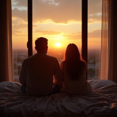 Watching sunset together in hotel room