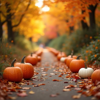 Pumpkins on a fall pathway