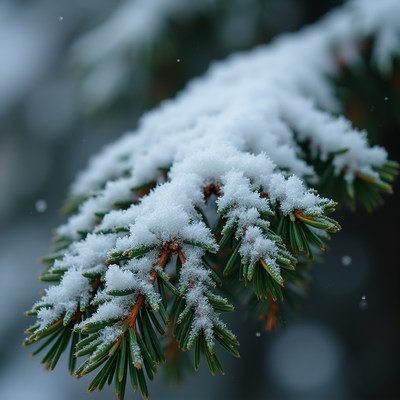 Snow-covered spruce branch in winter forest