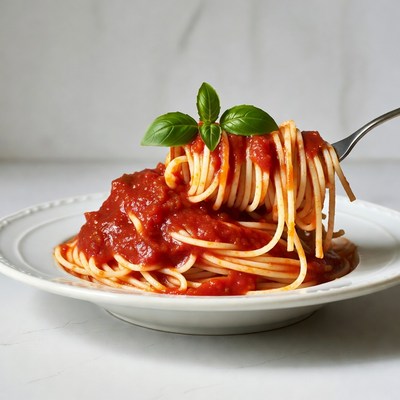 Spaghetti with tomato sauce and basil