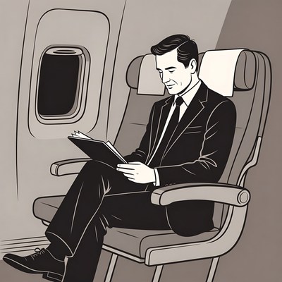 Man reading on airplane seat