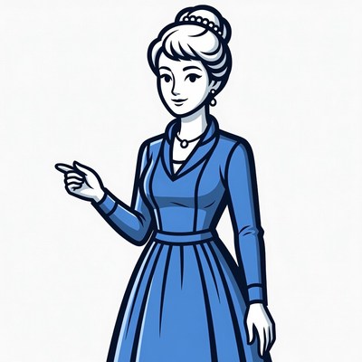Woman in blue dress pointing