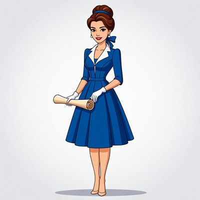 Woman in blue dress holding scroll