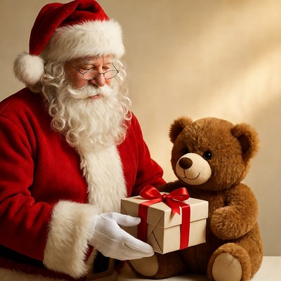 Santa gives gift to teddy bear