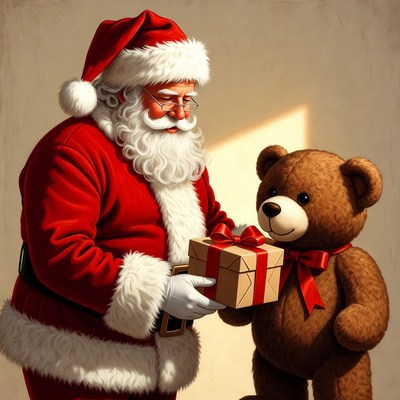Santa gives a gift to teddy bear