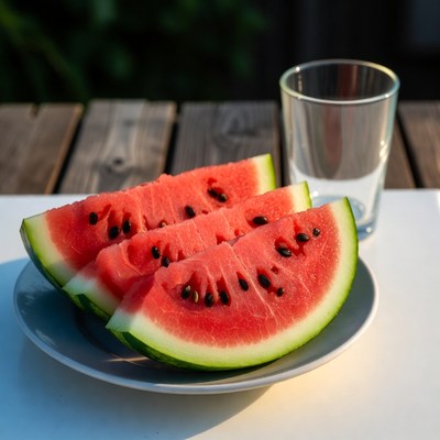 Watermelon slices on a plate with glass
