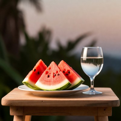 Watermelon and glass by sunset