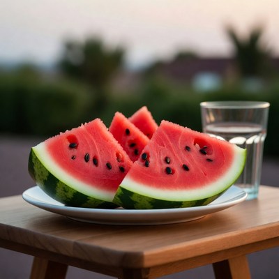 Watermelon slices on a plate outdoors