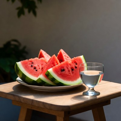 Fresh watermelon slices and water glass