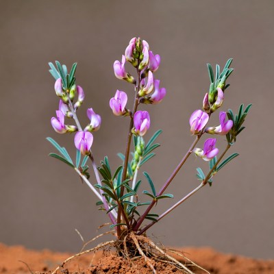 Purple flowers grow from soil