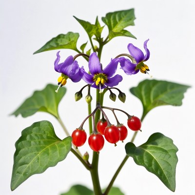 Purple flowers and red berries close up