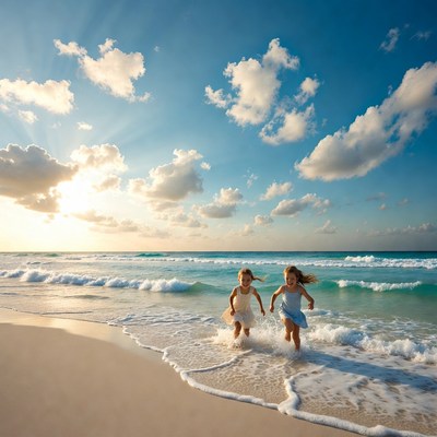 Children run by the ocean at sunset