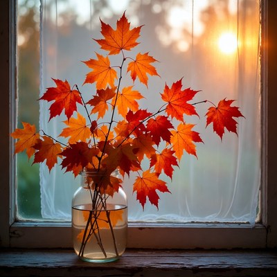 Autumn leaves in jar by window