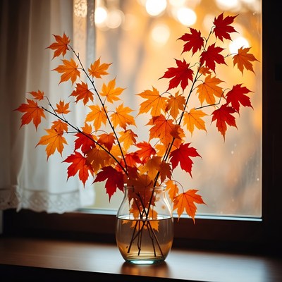 Fall leaves in a vase by a window