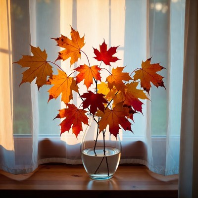 Autumn leaves in a vase near the window