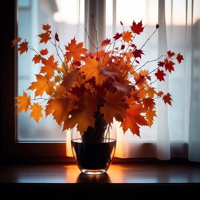 Bright leaves in a vase near window